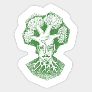 Forest God Soul Expression with Side Profile of a Man and His Head with Leafy Tree Branches Hand Drawn Illustration with Pen and Ink Cross Hatching Technique 1 Sticker